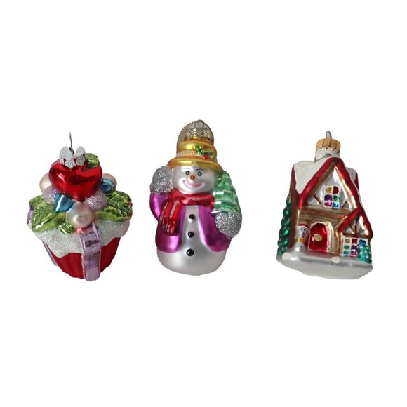 3 Christmas Ornaments Snowman Cupcake House Glass Tree Ornament - Picture 1 of 5